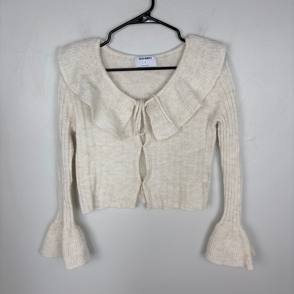 Old Navy Cardigan White Ruffled Tie Front Coquette Delicate Size Medium